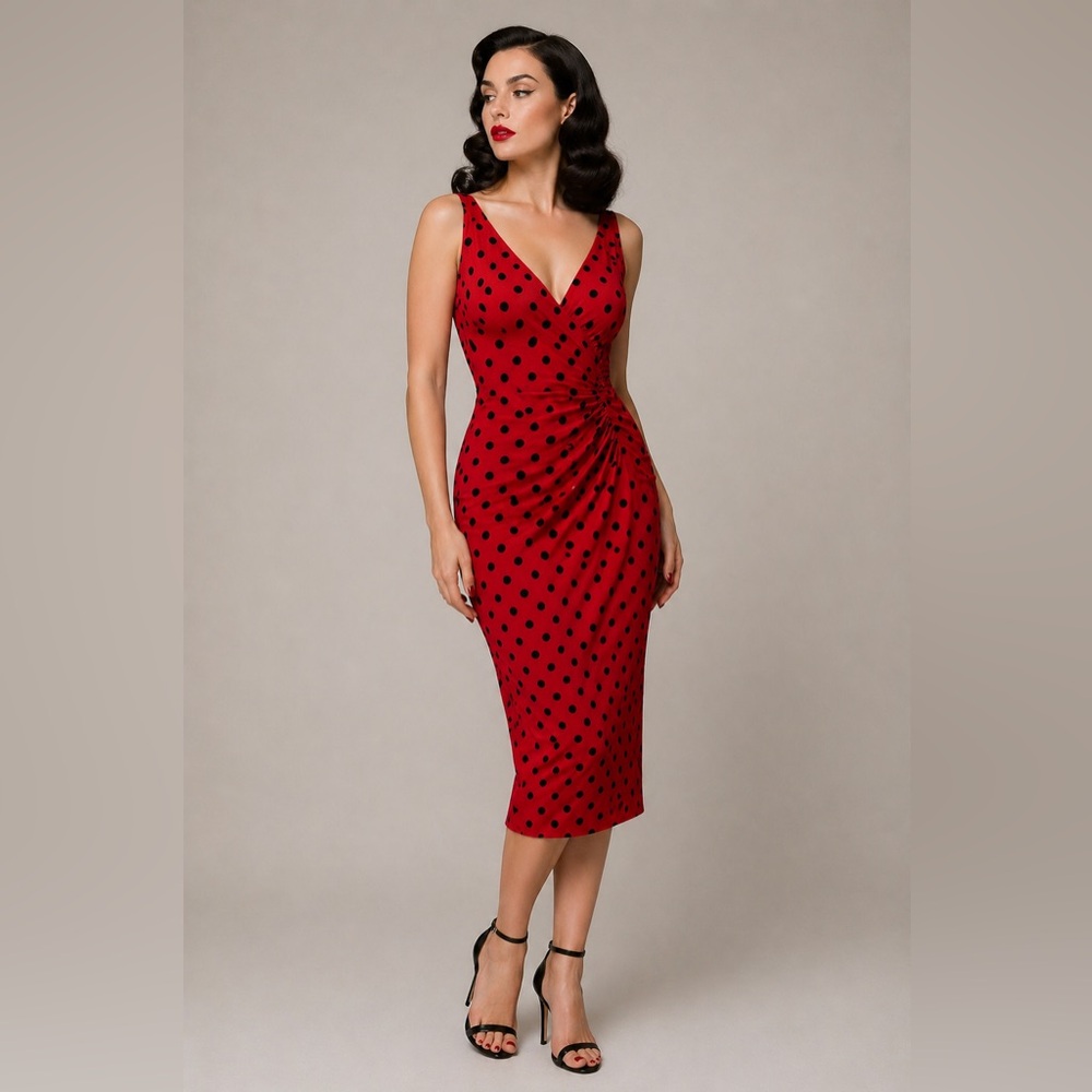 Voodoo Vixen red stretch satin black polka dot retro pin up wiggle midi dress. M
